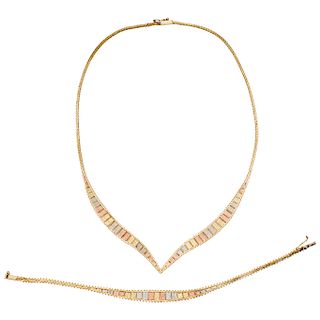 An Italiand design yellow, white and pink gold 14 K choker and bracelet set.