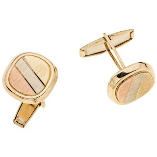 A yellow gold, white and pink 14 K pair of cufflinks.