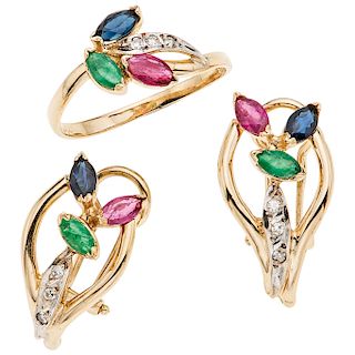 A yellow gold 14 K diamond ring and earrings set with sapphires, emeralds and rubies.