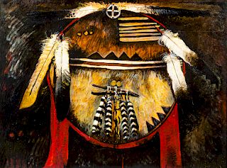 Kevin Red Star 
(Crow, b. 1943)
Medicine Shield with Medicine Pouch
 