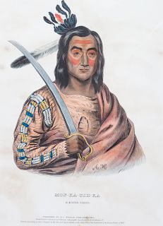 McKenney and Hall
A pair of lithographs with hand-coloring from The History of the Indian Tribes of North America, comprising Po-Ca-Hon-Tas and Mon-Ka