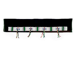 Sioux Beaded Hide Blanket Strip on Wool Blanket
overall size of blanket 74 x 56 inches; length of blanket strip 64 x width 4 1/2 inches