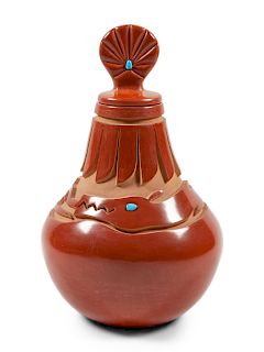 Gilberto Olivas
(Santa Clara/San Juan Pueblo, b. 1958)
Carved Redware Jar with Lid and Turquoise