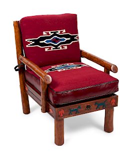 Thomas C. Molesworth
(American, 1890-1977)
Hand peeled fir side chair with routed skirt, polychrome animal, eagle feather and arrow designs upholstere