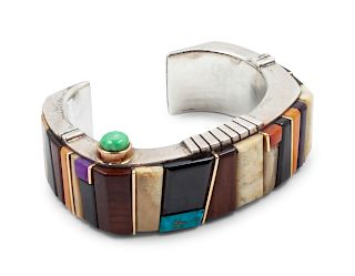 Wes Willie(Dine, b. 1957) Sterling silver cuff bracelet, with mosaic inlay and 14k gold accents