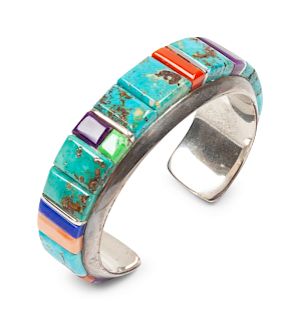 Wes Willie
(Dine, b. 1957)
Sterling silver cuff bracelet with turquoise, coral, sugilite, and lapis mosaic inlay