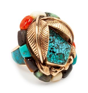 Ben Nighthorse Campbell
(Cheyenne, b. 1933)
14k gold ring with turquoise, shell, and jet inlay