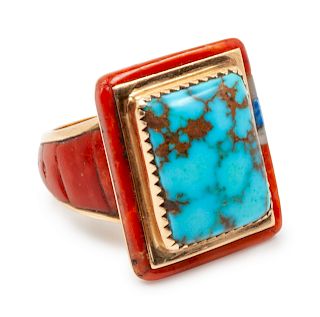 Ben Nighthorse Campbell
(Cheyenne, b. 1933) 
14k gold ring with turquoise and coral inlay