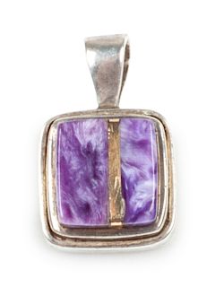 Charles Loloma 
(Hopi, 1921-1991) 
Sterling silver and charoite pendant with gold accents