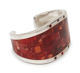 Colin Coonsis
(Zuni, b. 1981)
Silver cuff bracelet with spiny oyster mosaic inlay