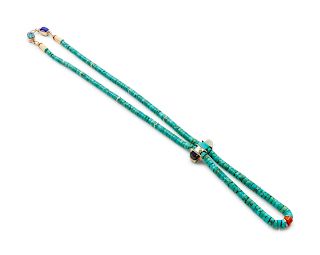 Victor Beck 
(Dine, b. 1941)
Rolled turquoise necklace with 14k gold accents