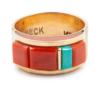 Victor Beck 
(Dine, b. 1941)
14k yellow gold ring with turquoise and coral inlay