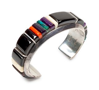 Wes Willie (Dine, b. 1957) Sterling silver cuff bracelet with cobblestone inlay
