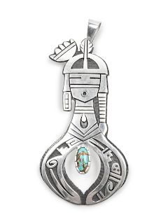 Trinidad Lucas
Hopi, 20th Century
Silver overlay figural pendant with turquoise cabochon