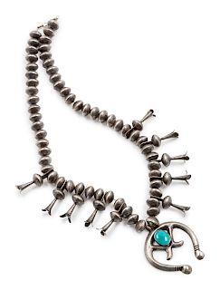 Southwestern Silver and Turquoise Squashblossom Necklace
overall length 13 inches; height of naja 2 1/2 inches