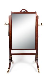 An English Mahogany Cheval MirrorHeight 55 3/4 x width 33 1/4 x depth 23 1/4 inches.
