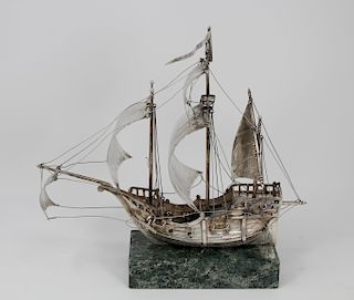 Antique Sterling Silver Ship on Marble Base