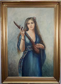Signed, 1917 Watercolor of Woman with Mandolin