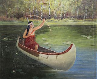 Early 20th C. Painting of Indian Woman in Canoe