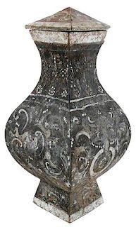 Chinese Painted Earthenware Fang Hu Covered Jar