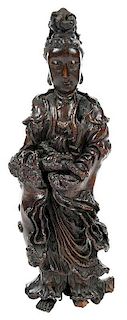 Rare Inscribed Lacquered Rootwood Guanyin
