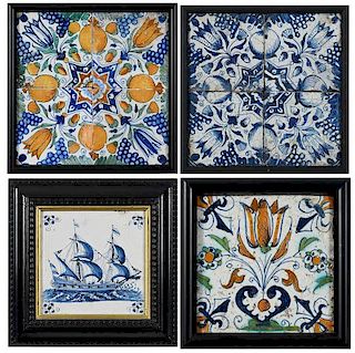 Four 17th Century Framed Panels of Delft Tiles