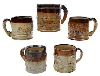 Five Oversize British Stoneware Tavern Mugs