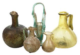 Five Roman Iridescent Glass Bottles