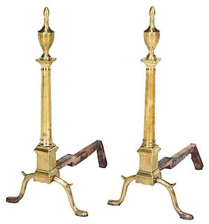 A Fine Pair of Federal Engraved Brass Andirons