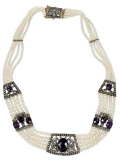 Silver, Gold, Amethyst, Diamond & Pearl Necklace