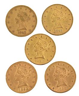 Group of Five, Ten Dollar Gold Coins