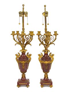 A Pair of Louis XV Style Gilt Bronze Mounted Marble Candelabra