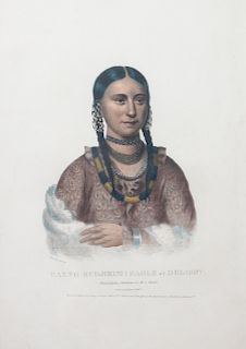 Hand colored lithograph from The History of the Indian Tribes of North America, titled Hayne-Hudjihini, The Eagle of Delight