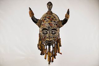 Highly Decorated Horned Chokwe Mask 19.5"