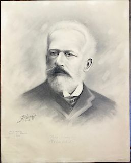 Black and White Chalk Drawing, Tschaikovsky, signed indistinctly 