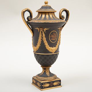 Wedgwood Black Basalt Bronze and Gilt-Decorated Vase and Cover