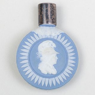 Wedgwood Blue and White Jasperware Circular Scent Bottle, Stopper and Cap