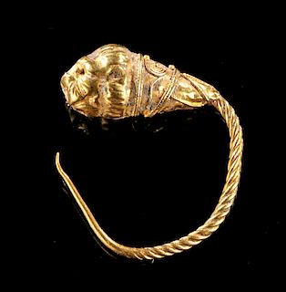 Greek Hellenistic Gold Wire Earring w/ Lion Head, 1.9 g