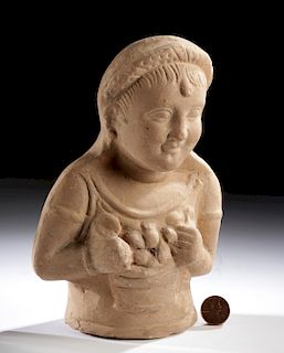 Adorable Roman Terracotta Child Holding Basket of Fruit
