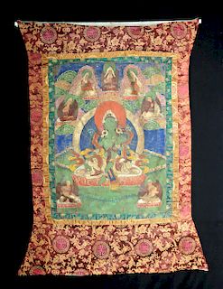 19th C. Tibetan Thangka Depicting Shyamatara Green Tara