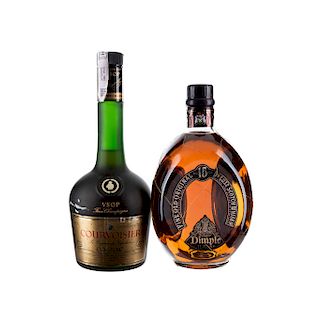Cognac y Whisky. Dimple. 15 años  y Courvoisier. V.S.O.P. Total de piezas: 2.