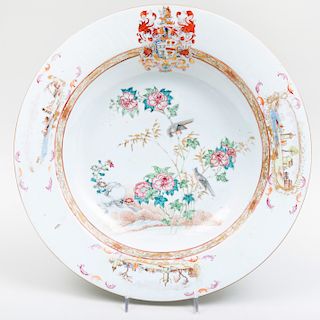 Large Chinese Export Porcelain Saucer Dish Decorated with Armorial of Sharpe Impaling Wyman Family