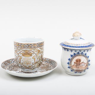 Chinese Export Porcelain Coffee Cup and Saucer and a Pot-de-Creme