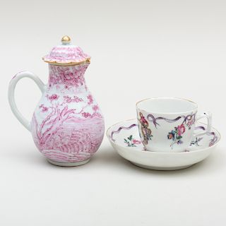 Chinese Export Puce Decorated Porcelain Hot Milk Jug Decorated for the European Market and an Armorial Coffee Cup and Saucer