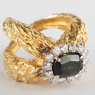 18K Gold, Green Tourmaline and Diamond Ring