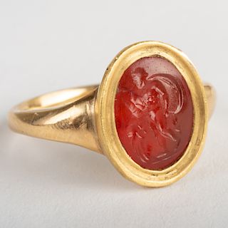 Carnelian Agate Intaglio of a Warrior and His Armor, Set in a Gold Ring