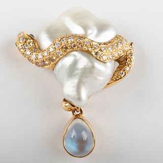 18k Gold, Baroque Pearl, Moonstone and Diamond Snake Pin