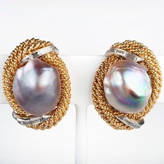 14k Gold Baroque Pearl and Diamond Earclips