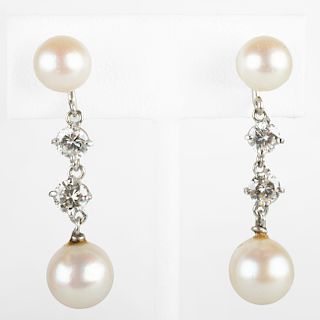 Platinum, Pearl and Diamond Drop Earrings