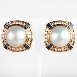 Pair of Tiffany & Co. Mobe Pearl, Diamond and Sapphire Ear Clips